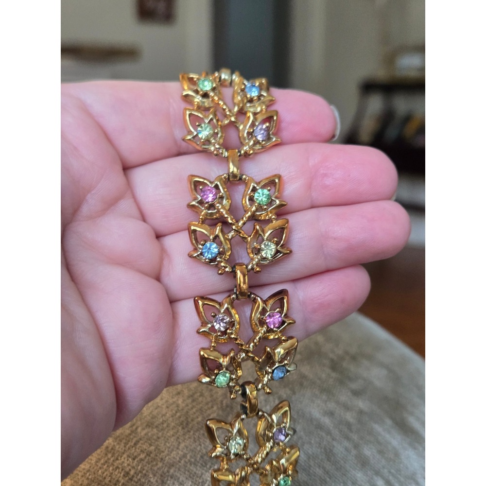 AB Aurora Borealis Floral Goldtone Panel Bracelet Vintage